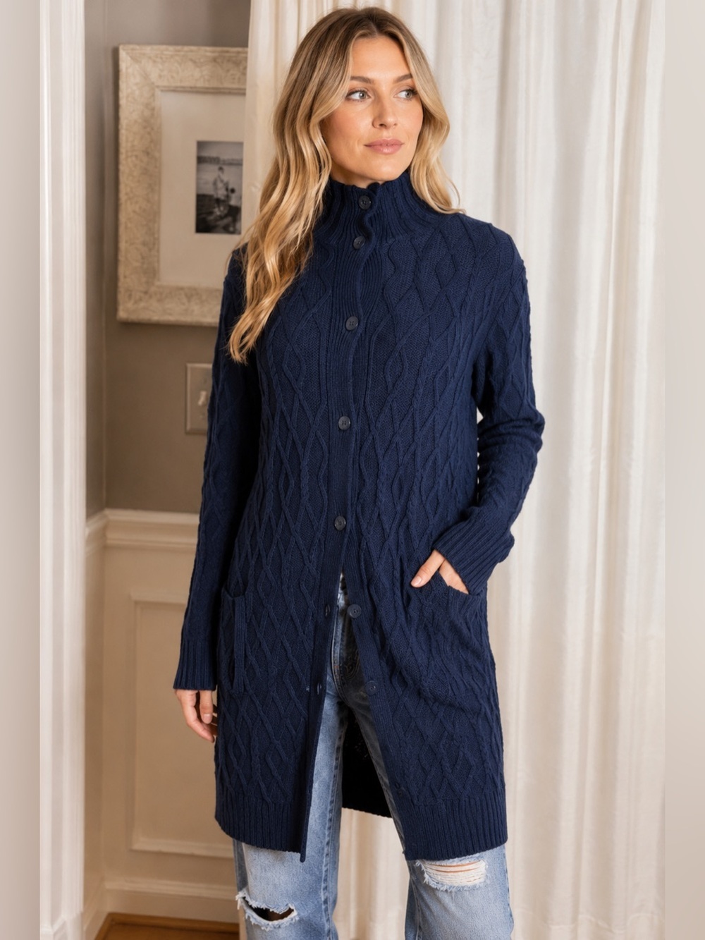 J Jill Long Navy Cable-Knit Button-Front Sweater Cardigan- M